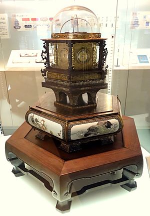 Myriad-Year Clock, made by Hisashige Tanaka, 1851, with western and Japanese dials, weekly, monthly, and zodiac setting, plus sun and moon - National Museum of Nature and Science, Tokyo - DSC07407