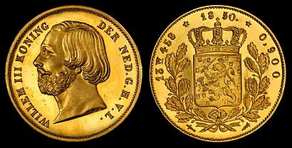 William III depicted on a 20 gulden proof gold coin (1850)