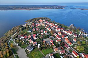 Aerial view of the town center and Nowe Warpno Bay