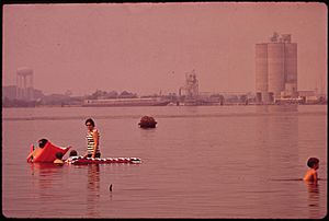 SWIMMING IN POLLUTED LAKE CHARLES. OLIN-MATHIESON PLANT IN BACKGROUND - NARA - 546145