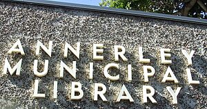 Annerley Municipal Library sign, Ipswich Rd, Brisbane, Australia