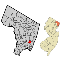 Map highlighting Leonia's location within Bergen County. Inset: Bergen County's location within New Jersey