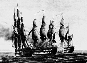 Two sailing warships flying flags with three vertical bands lie in front of a third sailing warship that features a flag with a cross hatched design on the top right corner. All three ships are surrounded by large clouds of smoke