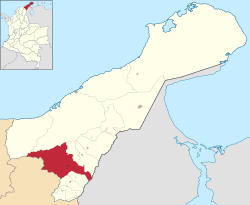 Location of the municipality and town of San Juan del Cesar in La Guajira Department.
