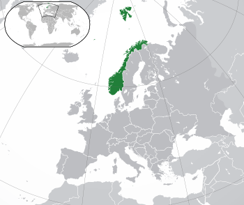 Location of  Norway  (dark green)on the European continent  (dark grey)  —  [Legend]