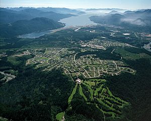 Aerial photo of Kitimat residential area with Douglas Channel in the background.