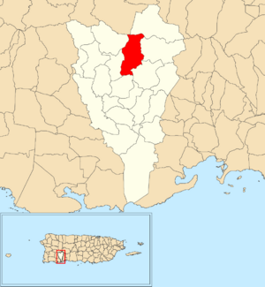 Location of Naranjo within the municipality of Yauco shown in red