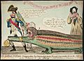 An engraved print showing a man in a distinctive naval uniform dragging two crocodiles with human heads. To the right of the image a man in a peasant's smock cheers approvingly.