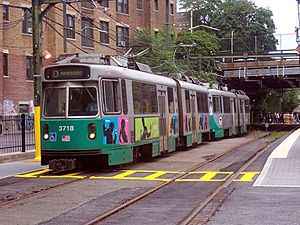 Outbound Green Line train leaving Fenway station, August 2005