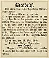 A printed notice in German with elaborate Gothic capitals. Wagner is described as 37 to 38 of middle height with brown hair and glasses.