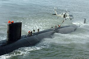 SEAL delivery vehicle team fast-roping from a MH-60S Seahawk to USS Toledo