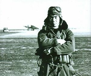Saburo Sakai in flight suit at Hankow Airfield