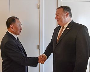 Secretary Pompeo Greets DPRK Vice-Chairman Kim Yong Chol Before a Meeting in New York City (28604715398)