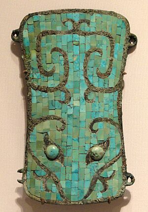 Turquoise-Inlaid Plaque with Stylized Animal-Mask Decoration, 1900-1350 BC, Neolithic to Shang period, Erlitou culture, China, bronze with turquoise inlay - Sackler Museum - DSC02627