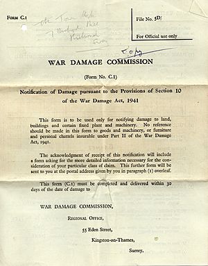 War Damage Commission claim form c1 p1