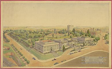 Aerial view (perspective) of Wickham Park showing proposed Dental Hospital, Art Gallery and Public Library, Turbot Street, Brisbane, 1938