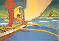 Arman Manookian - 'Men in an Outrigger Canoe Headed for Shore', oil on canvas, c. 1929