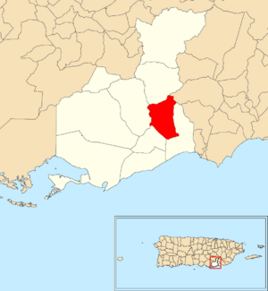 Location of Caimital within the municipality of Guayama shown in red