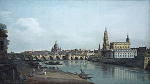 Canaletto - Dresden seen from the Right Bank of the Elbe, beneath the Augusts Bridge - Google Art Project