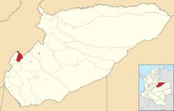 Location of the municipality and town of Recetor in the Casanare Department of Colombia.
