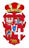 Fictional heraldic coat of arms of Žygimantas Augustas (based on a design from a 16th century tapestry) with Lithuanian coat of arms Vytis, Polish Eagle and coats of arms of Volhynia, Smolensk, Kyiv voivodeships.png