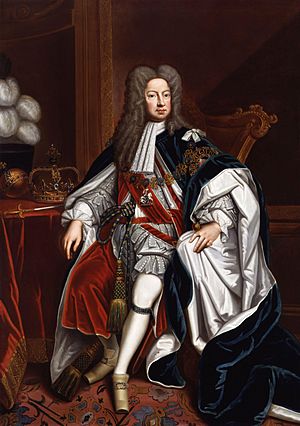 George seated on the throne in the robes of the Order of the Garter