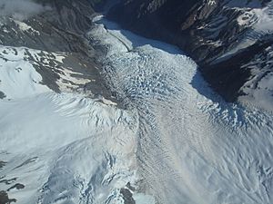 Looking down the Franz Josef Glacier from above the Melchior Glacier
