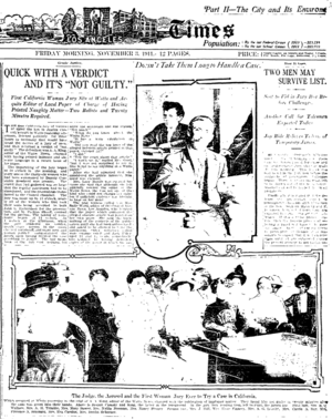 Los Angeles Times page showing story and photos of first woman jury in Los Angeles County, November 1911