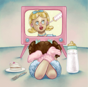 A young brunette girl with her legs crossed, positioned in between a piece of cake and a milk bottle, is watching a television set, which features a blonde woman with marker on her face and a needle next to her, as if to have plastic surgery.