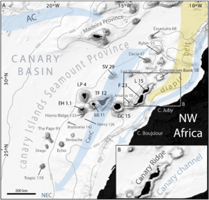 Morphometry of Concepcion Bank. Evidence of Geological and Biological Processes on a Large Volcanic Seamount of the Canary Islands Seamount Province. 2016 Rivera et al. Fig. 1