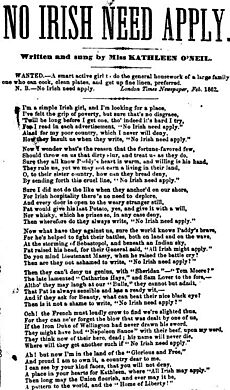 No Irish Need Apply (lyric sheet - female version)