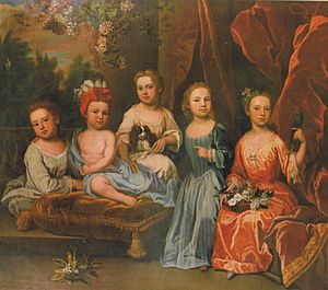 Portrait Group of the Smith Children on a Terrace with a Spaniel, Basket of Flowers and a Parakeet (c 1718) by James Maubert