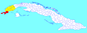 Sandino municipality (red) within  Pinar del Río Province (yellow) and Cuba