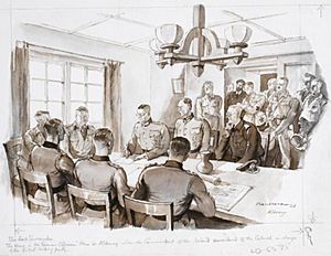 The Surrender - the scene in the German Officers' Mess on Alderney May 1945, when the Commandant of the island surrendered to the Colonel in charge of the British landing party Art.IWMARTLD5595