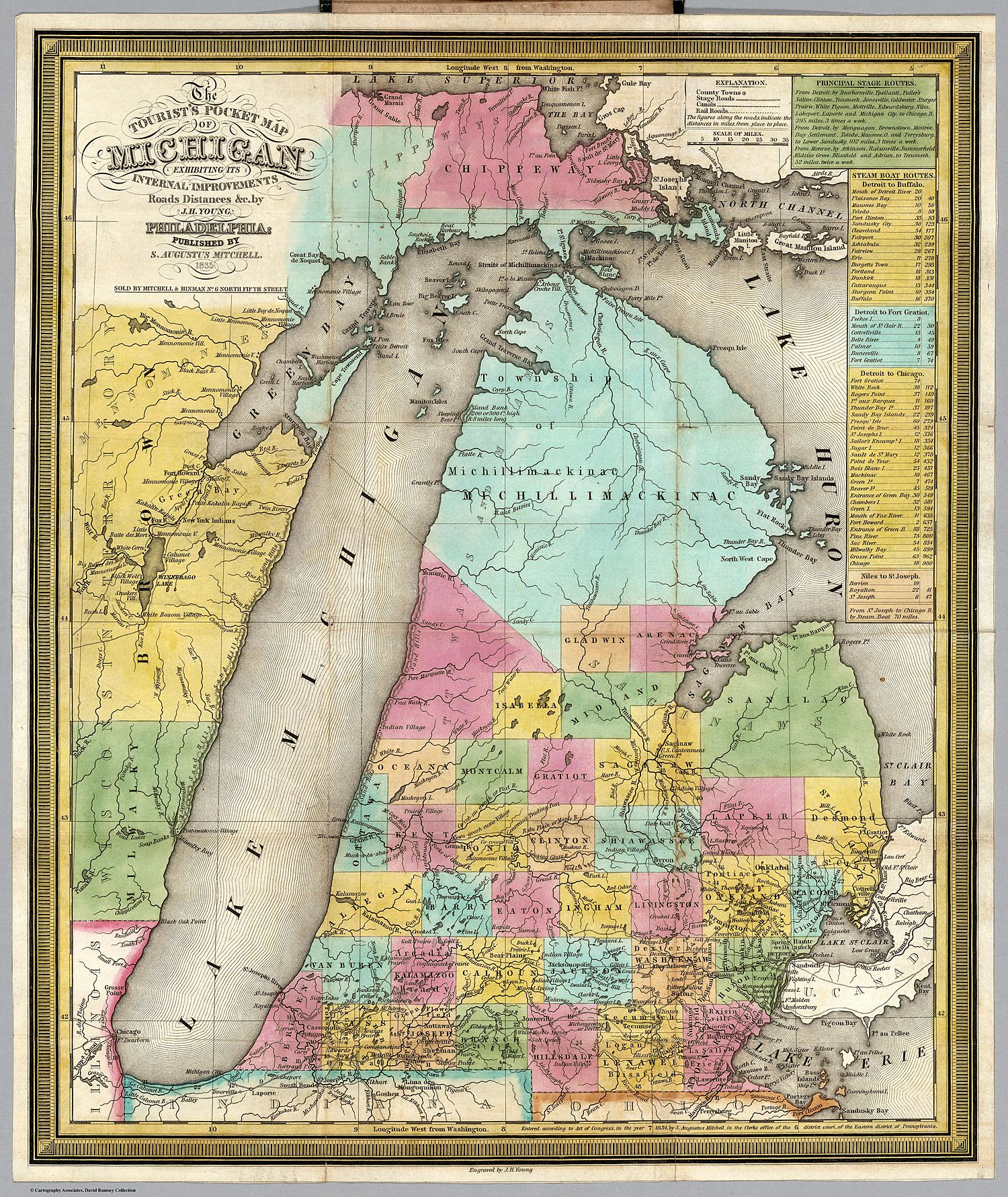 Northern Michigan islands, rivers, and shore landmarks featured prominently on this 1835 Tourist's Pocket Map Of Michigan.