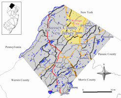 Map of Wantage Township in Sussex County. Inset: Location of Sussex County highlighted in the State of New Jersey.