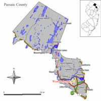 Map of Woodland Park in Passaic County (shown under its former name West Paterson). Inset: Location of Passaic County highlighted in the State of New Jersey.