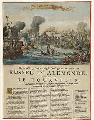 Zeeslag bij Kaap la Hogue, 1692 De Franse vloot verdelgt door de vereenigde Engelse en Staatse vlooten (titel op object) Op de Alder-gedenkwaardigste Zee-slag tussen de Admiraals Russel en Aldemonde, Tegen den Fransen , RP-P-OB-82.763