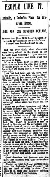 Ad for Ingleside, GA, Atlanta Constitution, September 18, 1892