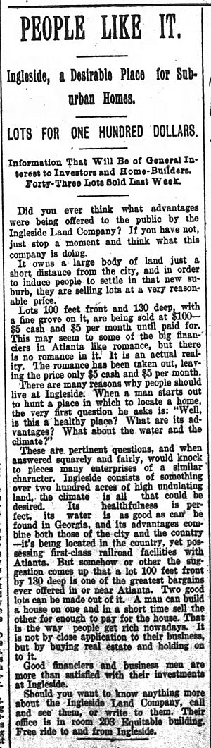 Ad for Ingleside, GA, Atlanta Constitution, September 18, 1892