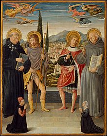 Benozzo Gozzoli - Saints Nicholas of Tolentino, Roch, Sebastian, and Bernardino of Siena, with Kneeling Donors