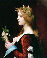 Oil painting of a woman from the torso up, facing left. She wears a golden laurel wreath in her long, flowing hair, and holds a scroll and sprig of yellow flowers in her left hand.