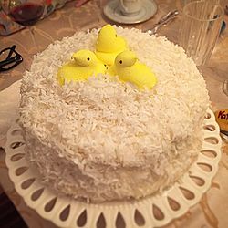 Coconut cake garnished with "peeps" candy.jpg