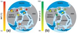 Early Eocene proxy ensemble data from fossil localities showing (a) MAT and (b) MAP estimates