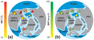 Early Eocene proxy ensemble data from fossil localities showing (a) MAT and (b) MAP estimates