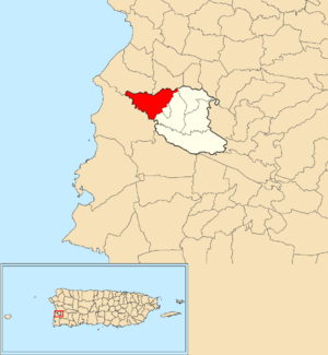 Location of Guanajibo within the municipality of Hormigueros shown in red