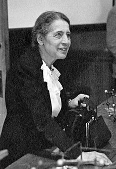 Lise Meitner (1878-1968), lecturing at Catholic University, Washington, D.C., 1946