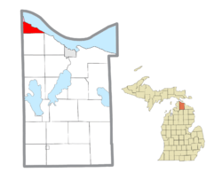 Location within Cheboygan County (red) and a portion of the administered village of Mackinaw City (pink)