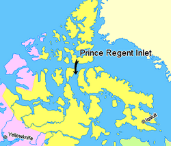 Map indicating Prince Regent Inlet, Nunavut, Canada