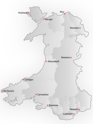Map of cities and towns in Wales